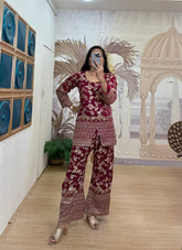 Beautiful  Red Color Dola Silk Co-ord Set | Indian Women's Summer Outfit